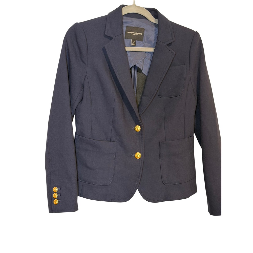 Banana Republic Navy Blue Gold Crest Button Blazer Classic Fit Petite 2 Tailored